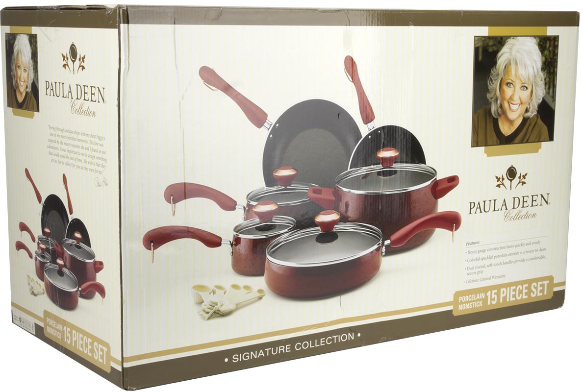 Paula Deen 15 Piece Kitchen Porcelain Nonstick Cookware Set Red