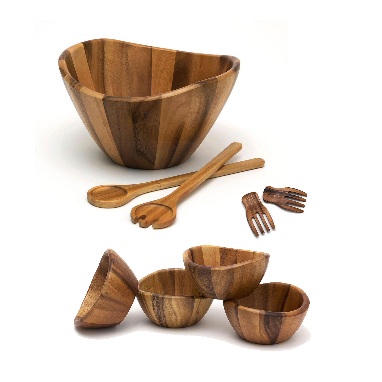 Lipper International Large Bowl Servers Pasta Hands 4 Bowls Wooden Salad Set