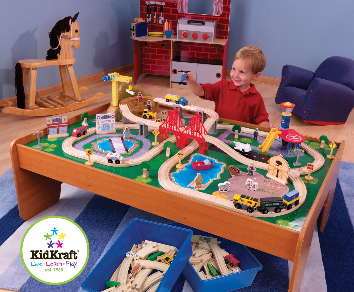 kidkraft ride around town train set & table with 100 accessories included