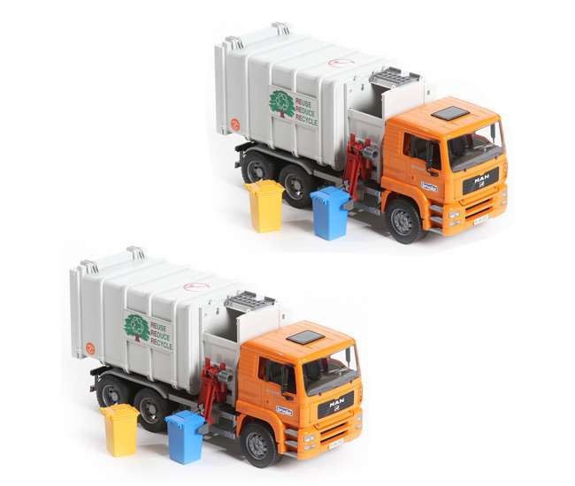 bruder toys man side loading garbage truck orange