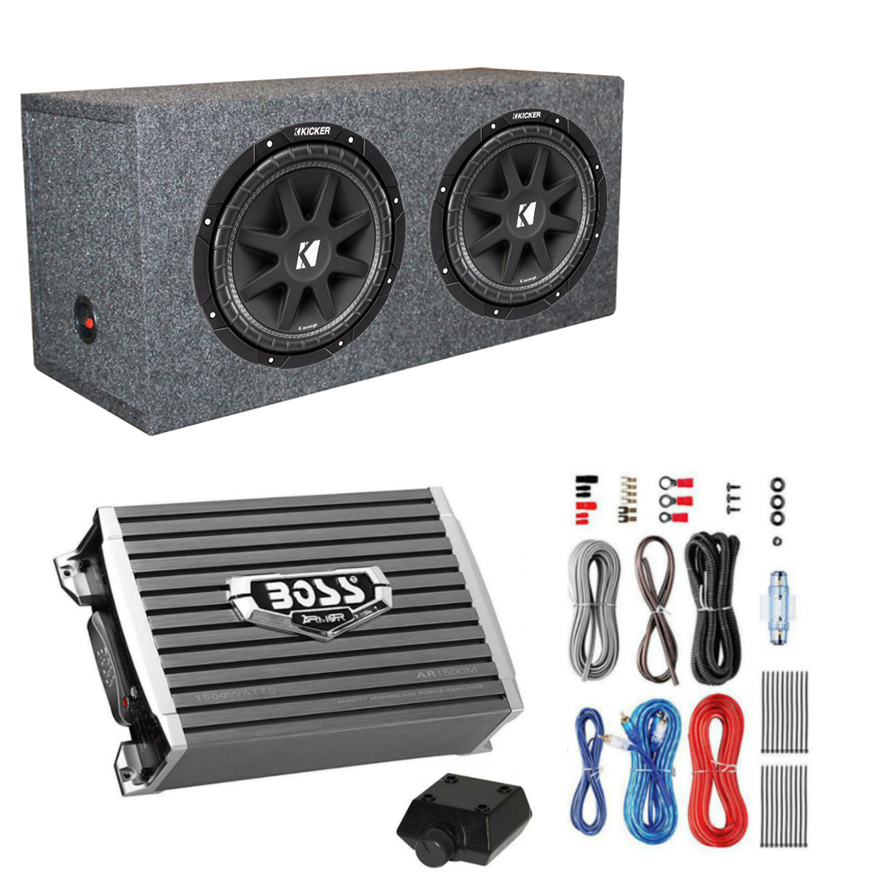 Kicker 600 Watt 12" Subwoofers (Pair) + Sealed Box Enclosure + Amp