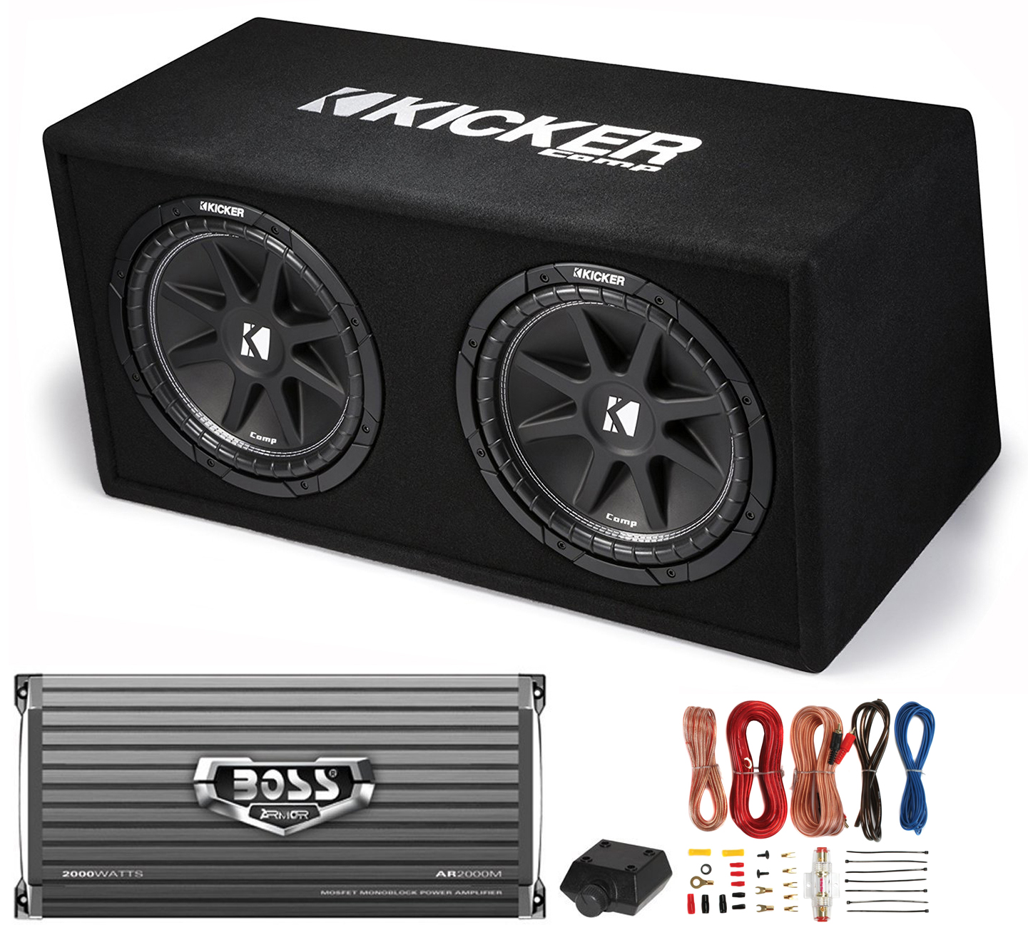 Kicker DC122 Dual 12" 600W Car Audio Subwoofers + Box + Boss 2000W Amp