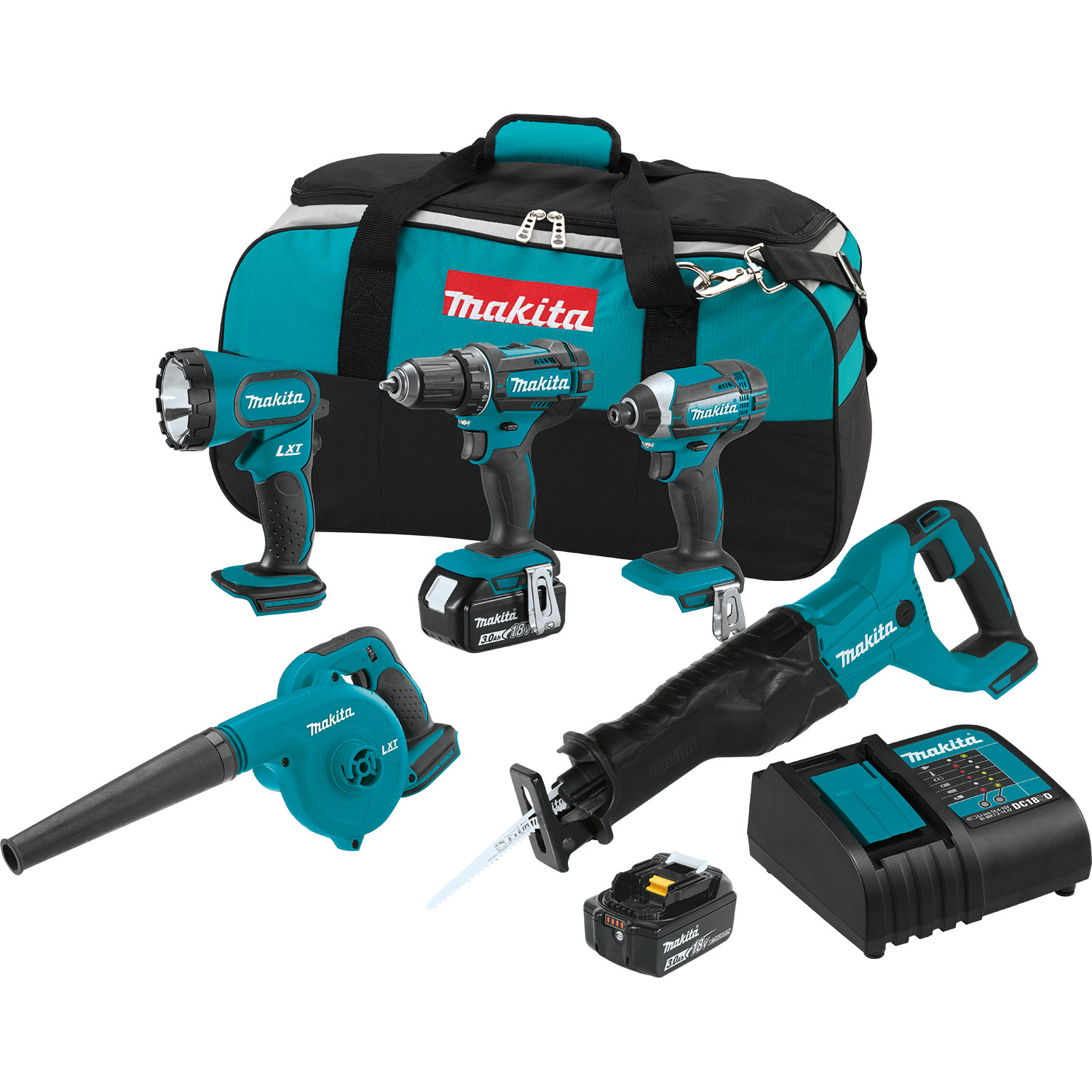 Makita 18 Volt LXT Cordless Drill 5 Piece Combo Power Tool Kit with 2 ...